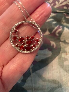 Ross-Simons silver garnet and diamond circle Pendant with chain.